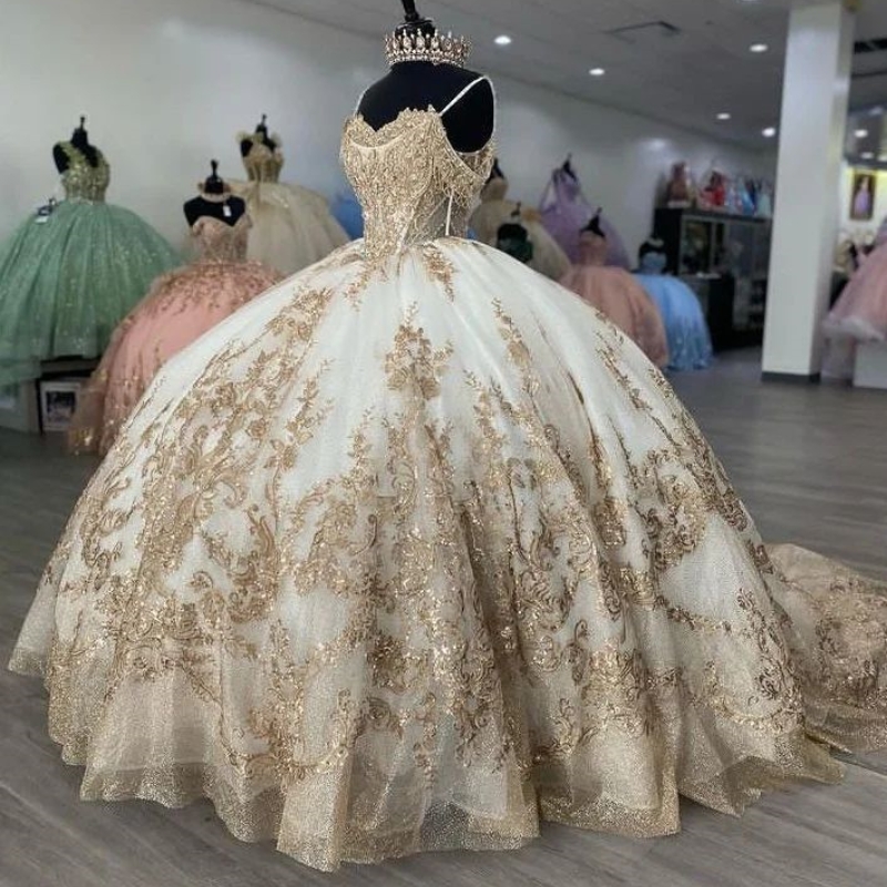 Champagne Ball Gown Quinceanera Dresses 2025 Applique Lace Sequins Beading Sweet 15 16 Dress Corset vestidos de 15 anos