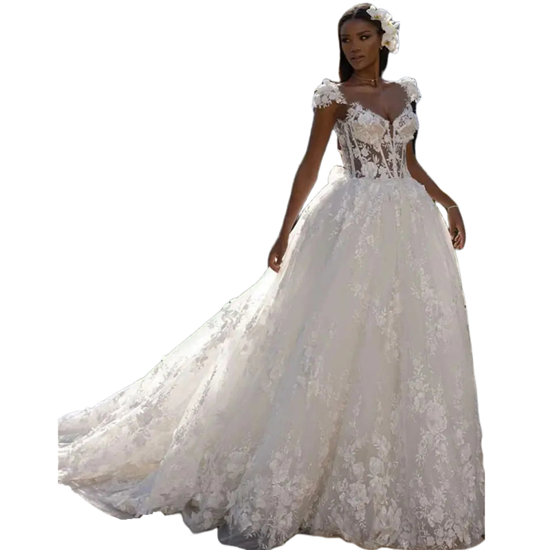 Floral Lace Appliques Bohemian Wedding Dresses A Line Backless Sexy Beach Bridal Gowns Short Sleeves Illusion Corset Summer Bride Formal Dress 2024 Ro