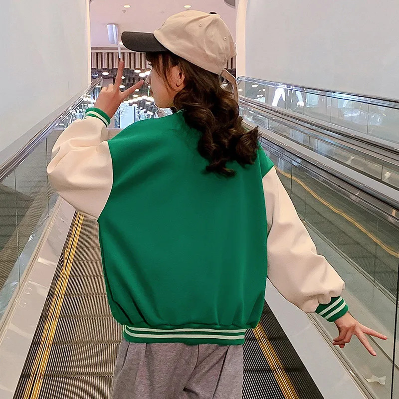 Jackets Spring Autumn Green Baseball Jacket Big Kids Teens Casual Clothes For Teenage Girls Sports Outerwear Coat Age 4 5 7 9 11 13 Year 231130