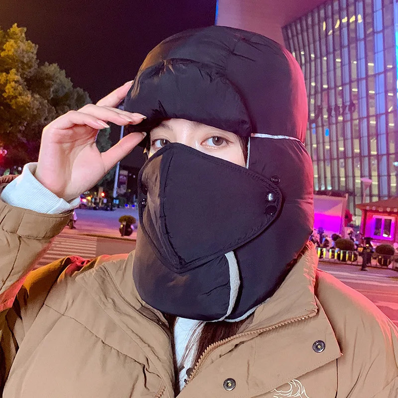 Trapper Hats Windproof Ski Balaclava Men Women Winter Down Padded Bomber Ushanka Russian Caps with Mask Detachable Earflap Pilot Hat 231130