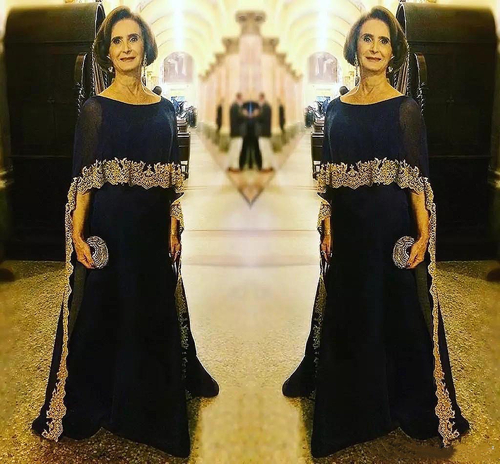 Elegant Arabic Cape Sleeve Mother Of The Bride Dresses Black A Line Plus Size Wedding Guest Gowns Gold Lace Appliqued Long Godmother Formal Dress