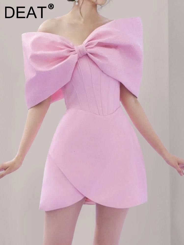 Basic Casual Dresses DEAT Fashion Women's Dress Solid Slash Neck Raglan Sleeve Gauze Patchwork Bow Mini A-line Dresses Female Summer 17A2388 2311