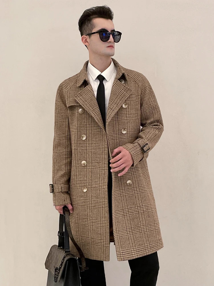 Men's Wool Blends Classic wool plaid coat for men with double breasted British fashion thickened insulation detachable down jacket 231130