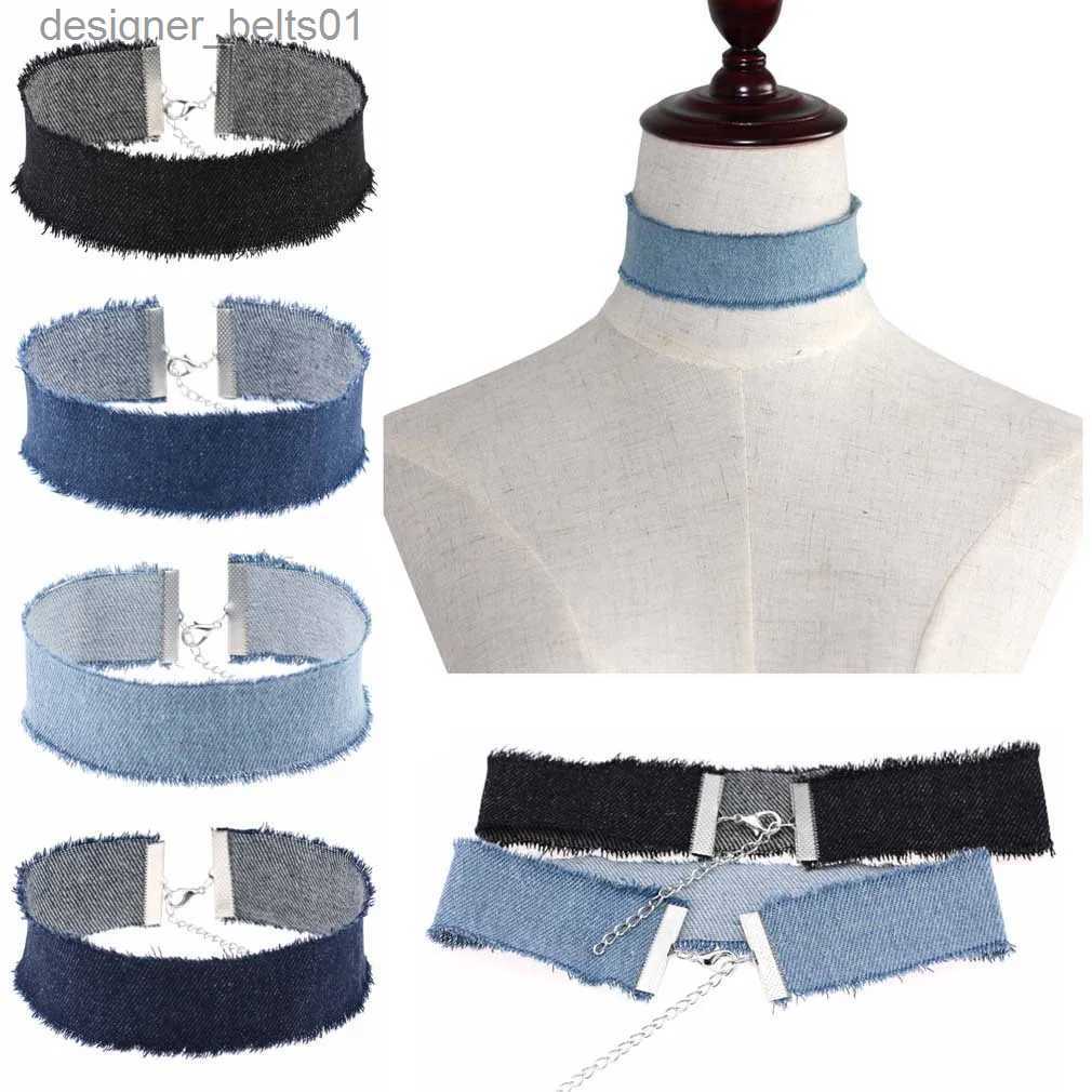 Chokers Unisex Punk Wide Denim Chokers Necklaces for Women Men Simple Gothic Collar Necklaces Black Blue Fashion Jewelry Wholesale GiftL231201