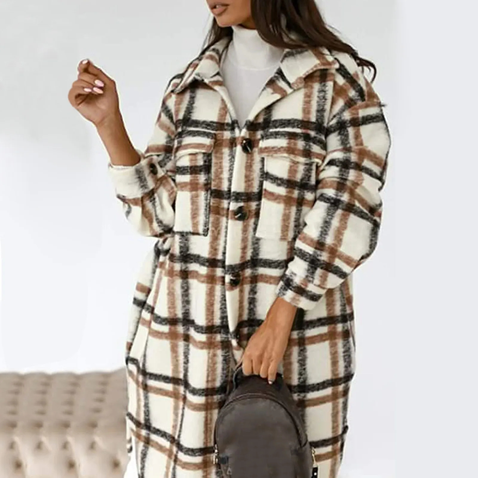 Women's Wool Blends Women's Outerwear Fashion Plaid Woolen Coat Long Sleeve Plaid Print Button Open Front Long Cardigan Outerwear 231101