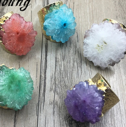 Wedding Rings Natural Sun Flower Shape Crystal Quartz Druzy With Golden Settings for Women MY1182 231130