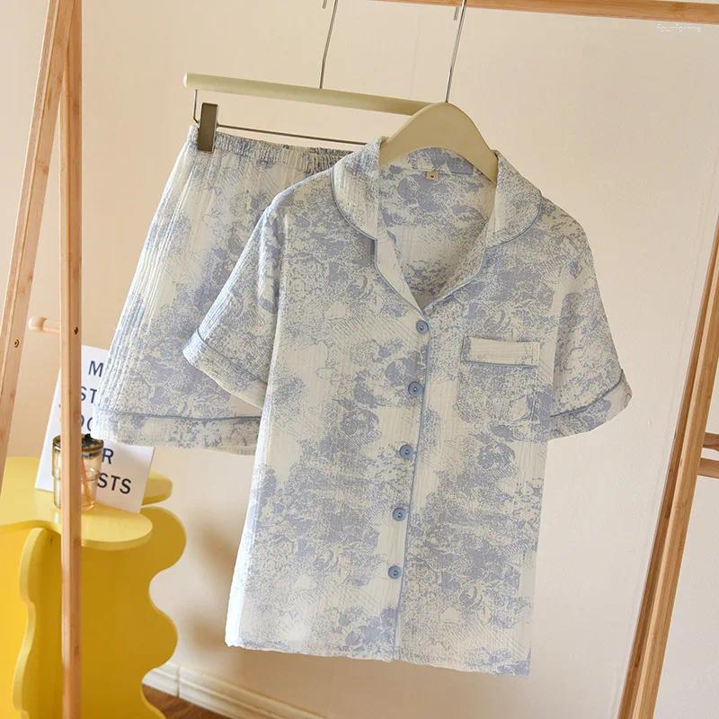 Women's Sleepwear Summer Pamas for Women Two-piece Set Sleep Tops and Shorts Suit Pure Cotton Floral Print Pijama Lingerie