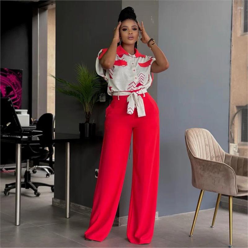 Womens Two Piece Pants Set 2024 Spring Summer Fashion Turn Down Collar Short Sleeve Shirt Strap Wide Leg Pant Elegant Outfits