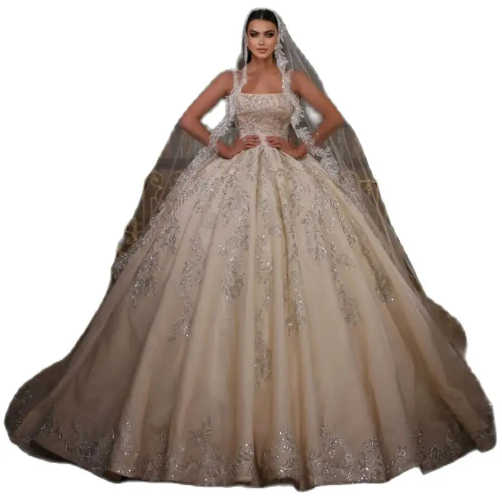 Elegant Square Neck Wedding Dresses Beaded Ball Gown Train Backless Lace Appliques Vestido De Noiva Custom Made Bridal Dress