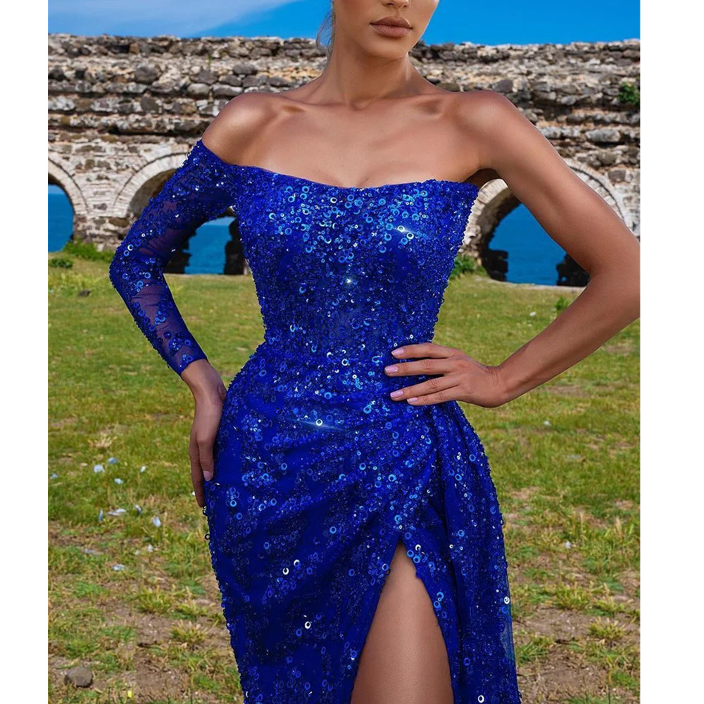 Royal Short Blue Prom Dresses Women Elegant Evening Dress Long Sleeves Illusion Satin Sexy Graduaton Party Vestido De Gala