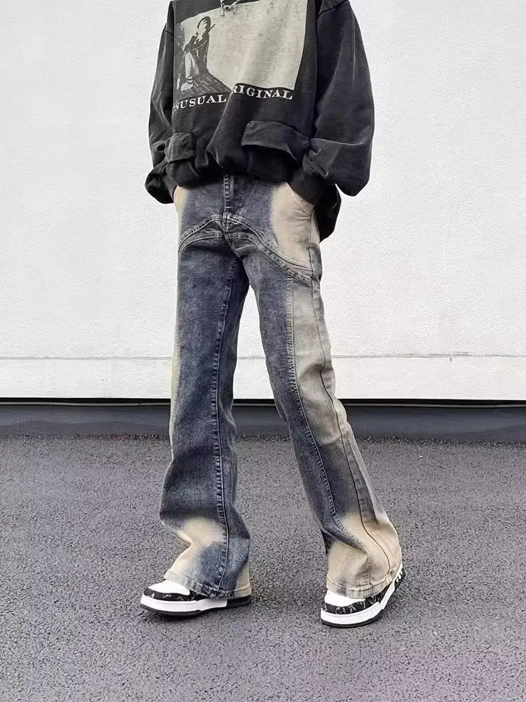 Men s Jeans Street Wear Irregular Patchwork Washed Vintage Distressed Slim Micro Flared Denim Pants Y2k Water Dyeing Horn Jean Hip Hop 231201