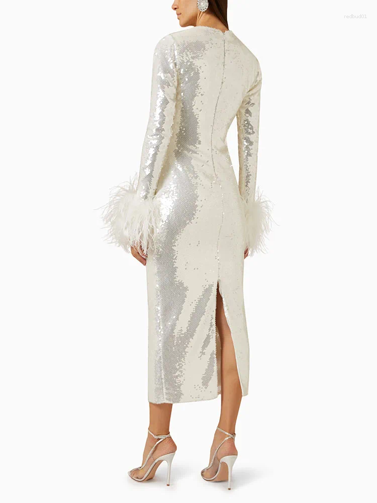 Casual Dresses Women O Neck Long Sleeve Luxury Sequin Feather Midi Dress Elegant Celebrity White Sequinned Bodycon Evening Part