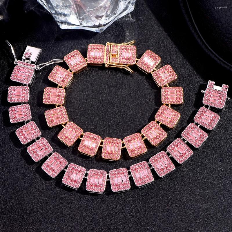 Chains 13mm Iced Out Baguette Pink Tennis Chain Necklace Bracelet For Women Men Paved Bg Square Crystal k Necklaces Hip Hop Jewelry Gift