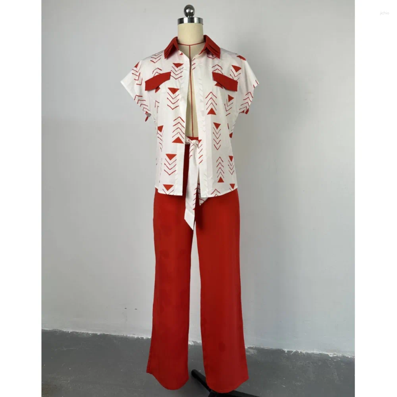 Womens Two Piece Pants Set 2024 Spring Summer Fashion Turn Down Collar Short Sleeve Shirt Strap Wide Leg Pant Elegant Outfits