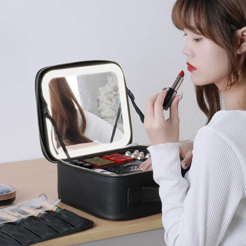 Cosmetic Bags Cases Makeup Train Case with 3 Color Adjustable Brightness LED Mirror Cosmetic Travel Case Adjustable Dividers Toiletry Bag for Lady 231
