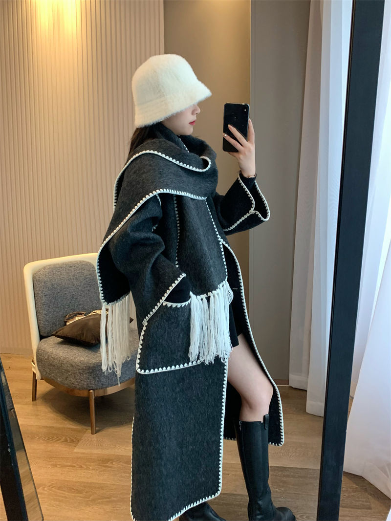 T0te rabbit hair+silk+wool scarf medium length tassel double-sided woolen coat