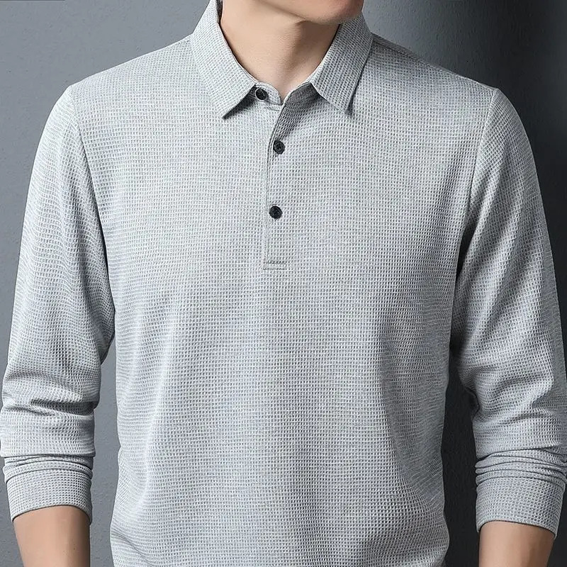 Men's Polos SHiONFA Men's Waffle Long Sleeve Solid T-shirt Elasticity Leisure Autumn Clothing Comfy Turn Down Collar Casual Polo Shirts 4XL 