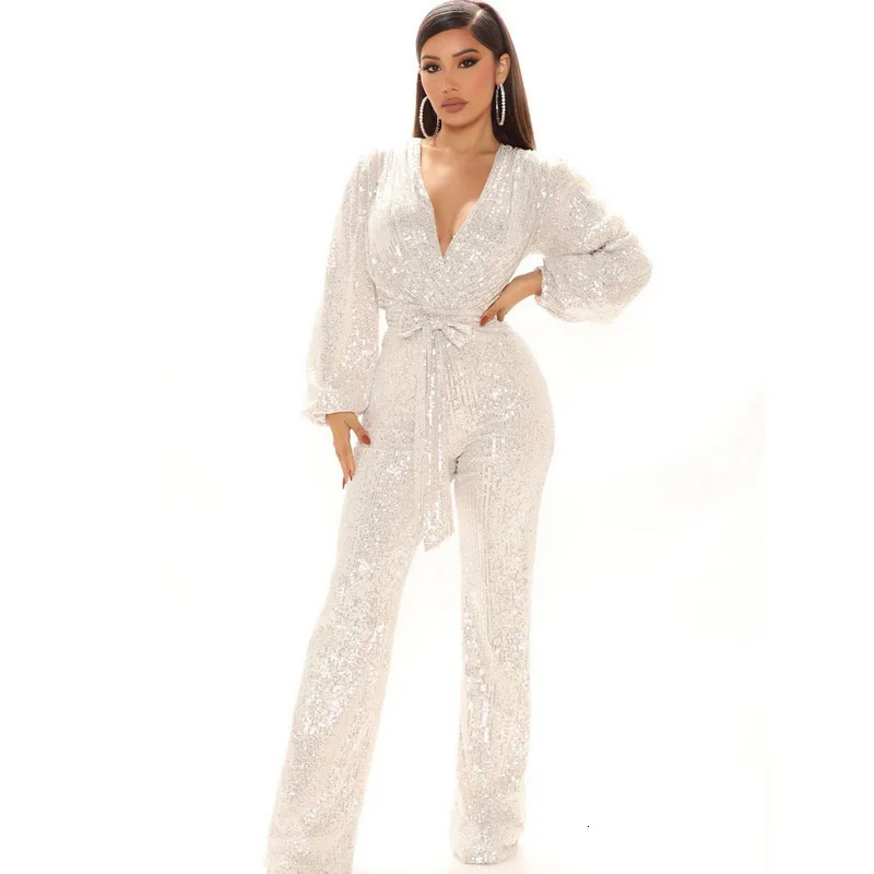 Women's Jumpsuits Rompers Long Sleeve Jumpsuit Women Sexy V Neck Sequins Casual Overalls Female High Waist Playsuit Elegant Ladies Party Wide Leg