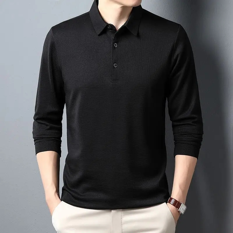 Men's Polos SHiONFA Men's Waffle Long Sleeve Solid T-shirt Elasticity Leisure Autumn Clothing Comfy Turn Down Collar Casual Polo Shirts 4XL 