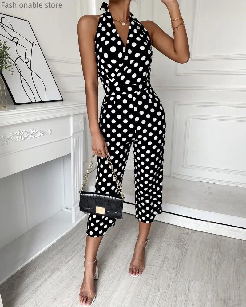 Women's Jumpsuits Rompers Women Polkadot Print Halter Rompers Sexy Sleeveless Backless Lace-up Calf-length Jumpsuits 231202