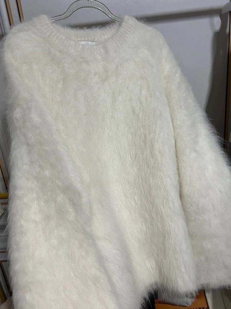 Xiaoxiang Maj-e White Round Neck Mink Plush Sweater Women's Autumn/Winter Pullover Loose and Lazy Soft Glutinous Winter Thickened Milk Knitwear