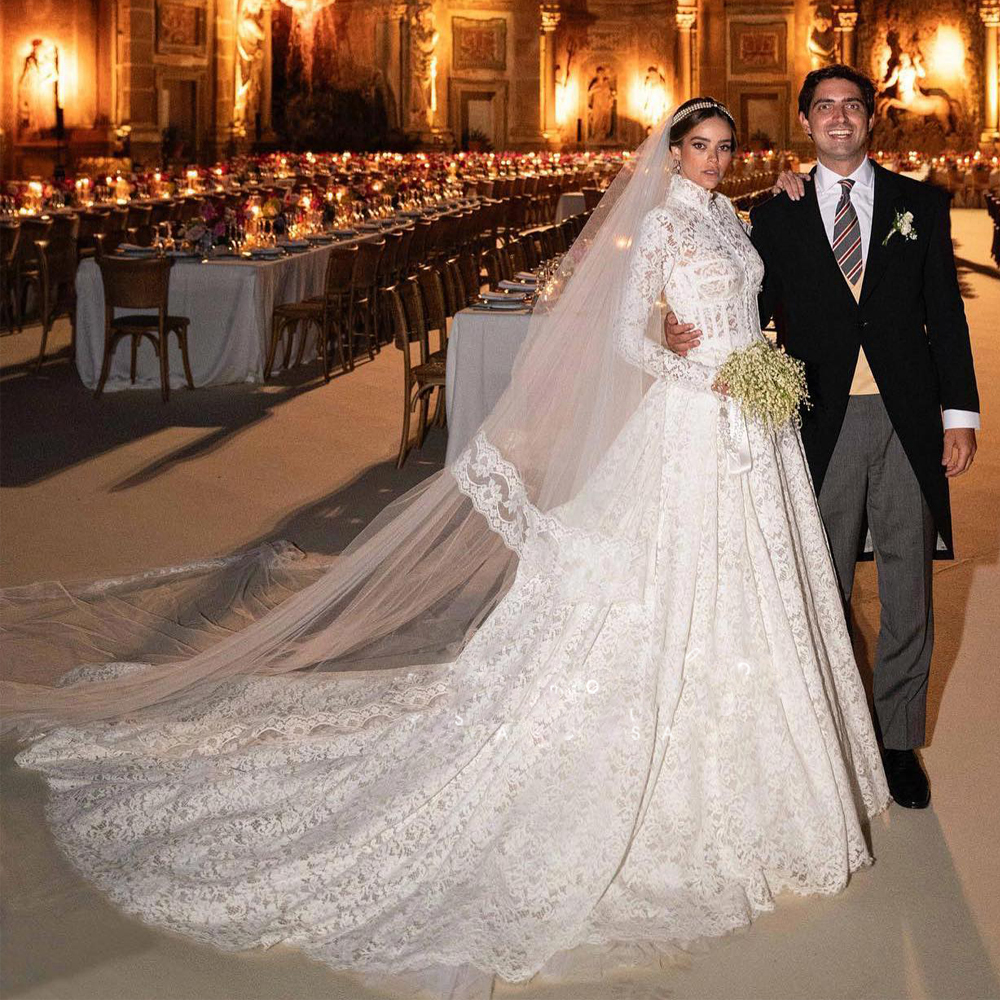Newest Lace A Line Wedding Dress 2024 High Neck Long Sleeve Church Weedding Gown Front Button Princess Bridal Dresses