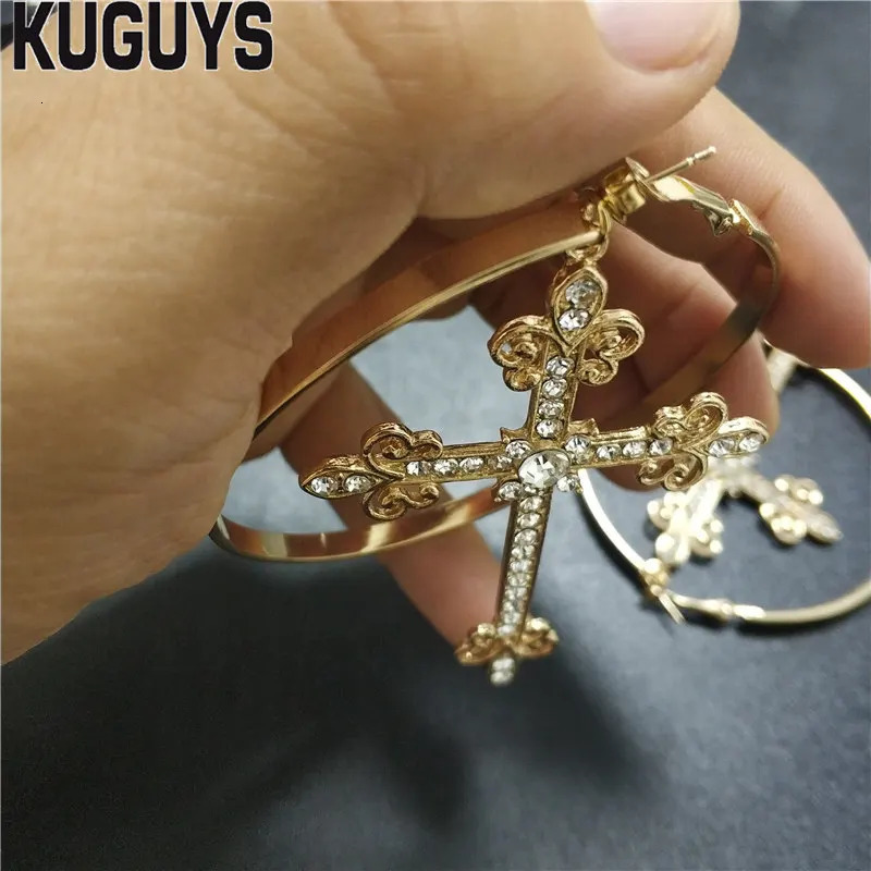 Charm KUGUYS Big Hoop Cross Dangle Earring for Women Drop Metal Crystals Gold Silver Color Jewelry Round Vintage Accessories 231202