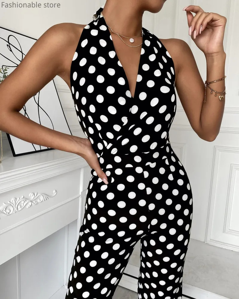 Women's Jumpsuits Rompers Women Polkadot Print Halter Rompers Sexy Sleeveless Backless Lace-up Calf-length Jumpsuits 231202