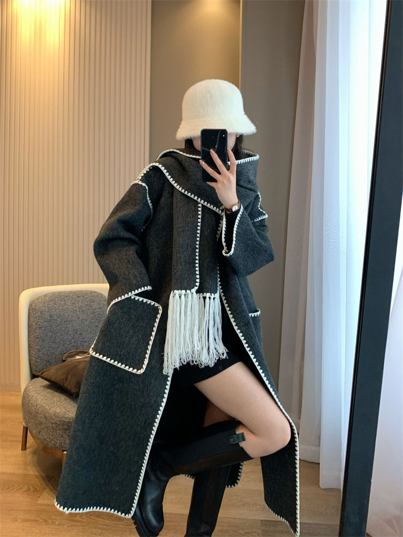 T0te rabbit hair+silk+wool scarf medium length tassel double-sided woolen coat