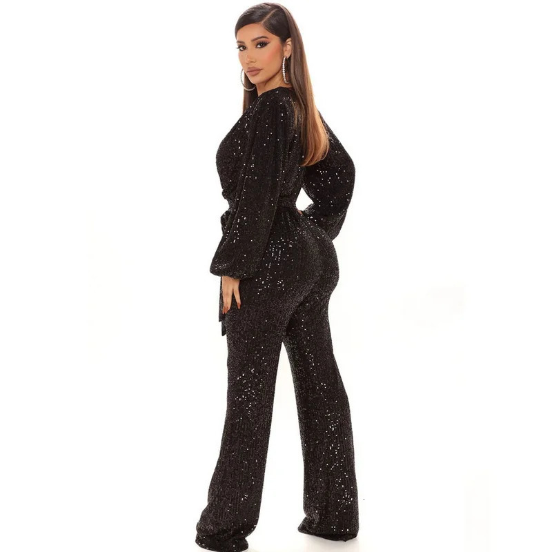 Women's Jumpsuits Rompers Long Sleeve Jumpsuit Women Sexy V Neck Sequins Casual Overalls Female High Waist Playsuit Elegant Ladies Party Wide Leg