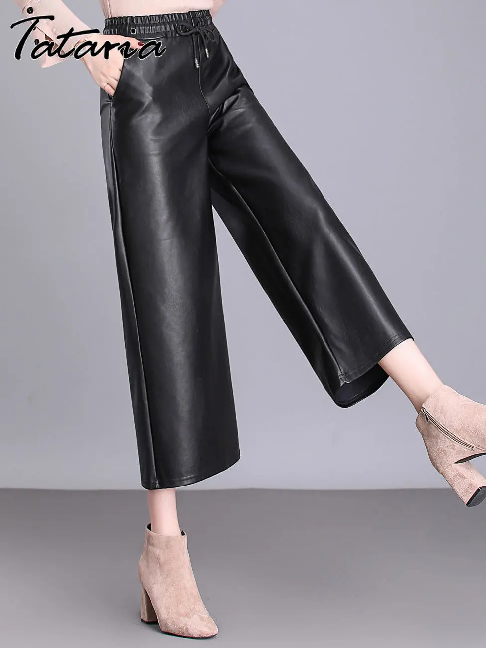 Women's Pants s Black Leather for Women 2023 Spring High Waist PU Wide Leg Trousers Elegant Lace Up Straight Streetwear 231201