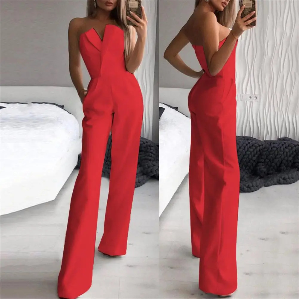 Women's Jumpsuits Rompers Fashion Office Straight Playsuit Overall Solid Color Summer Sleeveless High Waist Romper Ladies Tube Top Elegant Jumpsu
