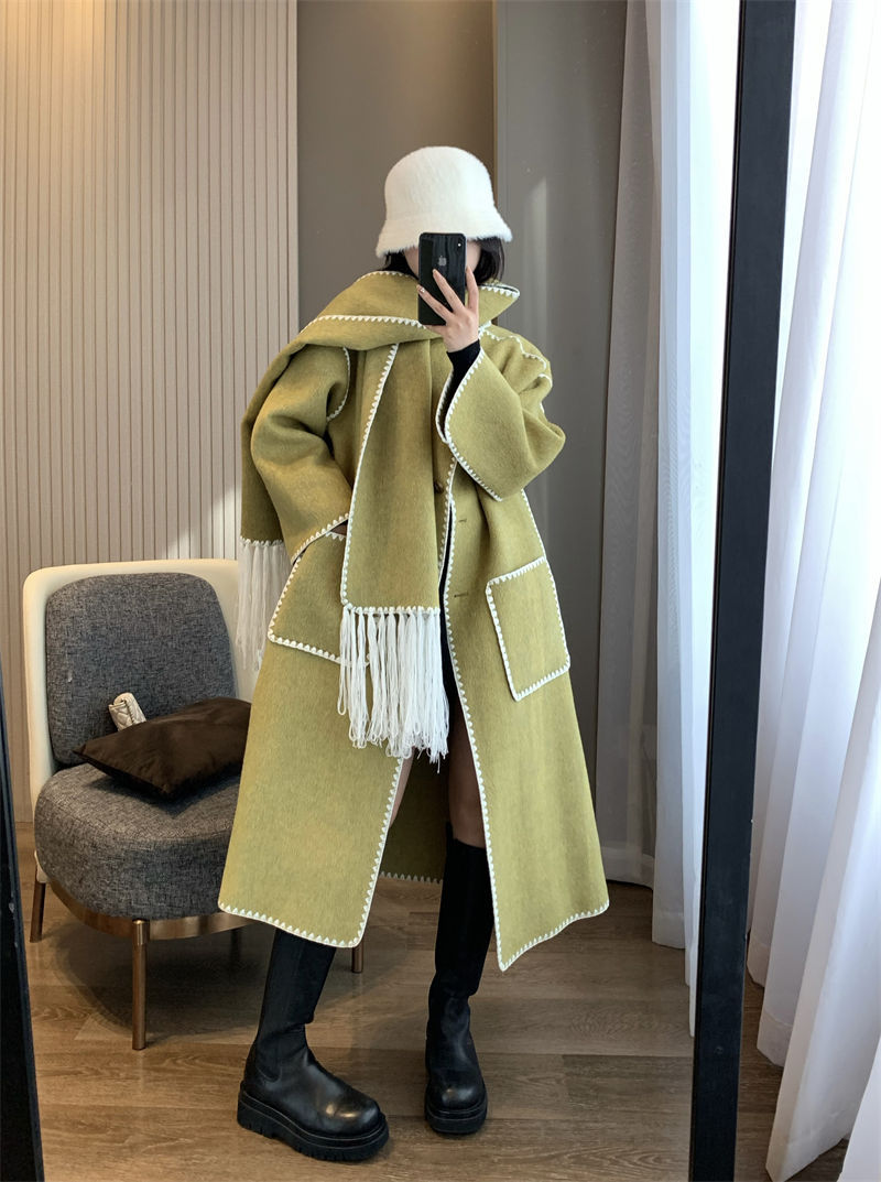 T0te rabbit hair+silk+wool scarf medium length tassel double-sided woolen coat