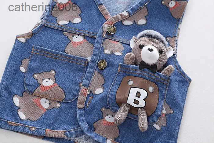 Clothing Sets 2023 Autumn Korean Little Boy 3PCS Clothes Set Cartoon Bear Denim Vest Long Sleeve Shirt Jeans Infant Baby Boy Suit OutfitL231202