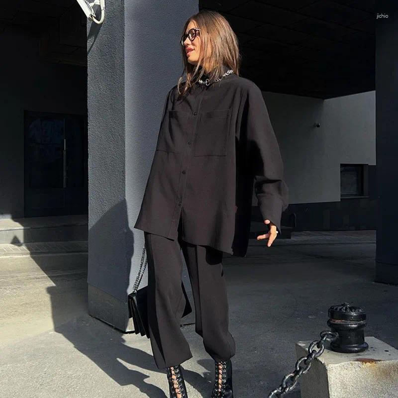 Womens Two Piece Pants Casual Suit 2024 Autumn And Winter Long-sleeved Black Loose Shirt Straight Two-piece Club Clothing Vestidos