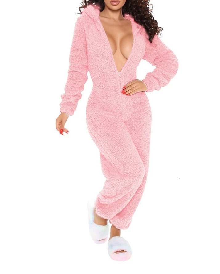 Women's Jumpsuits Rompers Women's Jumpsuit Autumn 3D Ear Buttoned Flap Functional Fluffy Lounge Jumpsuit Warm Home Clothes Hooded Pajamas 23