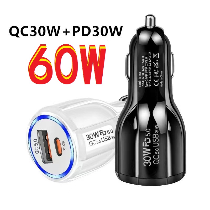 Super Fast Quick Charging Dual PD USB C Car Charger 60W PD30W Auto Power Adapters For Ipad 2 3 4 Iphone 11 12 13 14 15 Samsung LG tablet pc gps With R