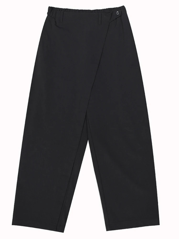 Women's Pants Capris EAM High Elastic Waist Black Brief Pleated Long Trousers Loose Fit Pants Women Fashion Spring Autumn 1S430 231201