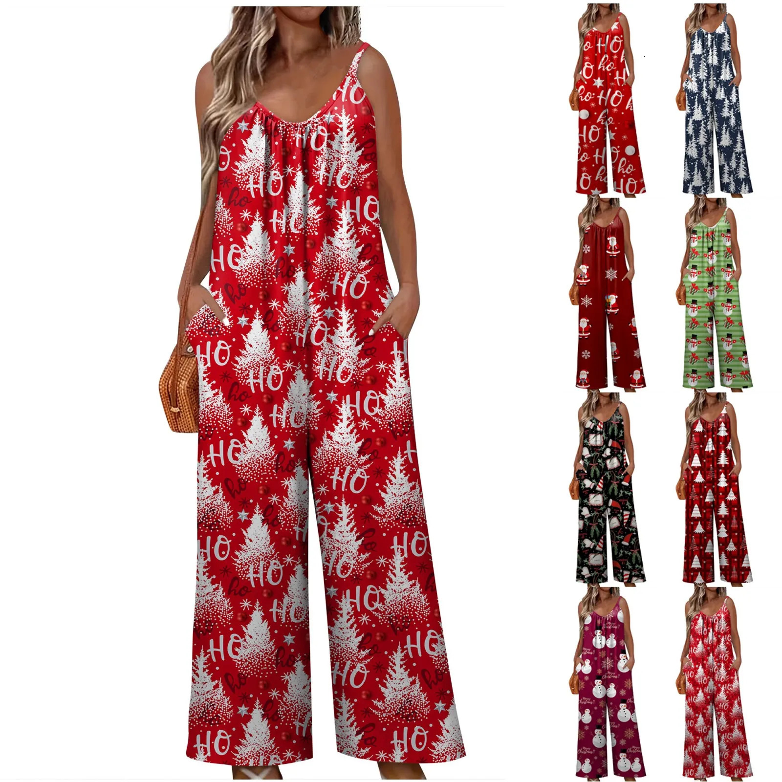 Women's Jumpsuits Rompers S-3xl Sleeveless Jumpsuit For Women Christmas Printed Loose Versatile Sling Rompers Wide Leg Adjustable Suspender Jumps