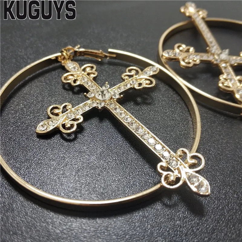 Charm KUGUYS Big Hoop Cross Dangle Earring for Women Drop Metal Crystals Gold Silver Color Jewelry Round Vintage Accessories 231202