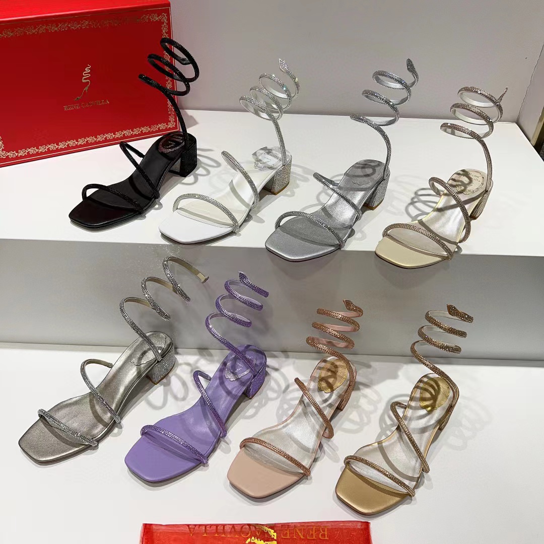 Rene caovilla 4.5cm chunky Heels sandals rhinestone Embellished white Evening shoes women high heeled Luxury Designers Wraparound Dress shoe With original size box