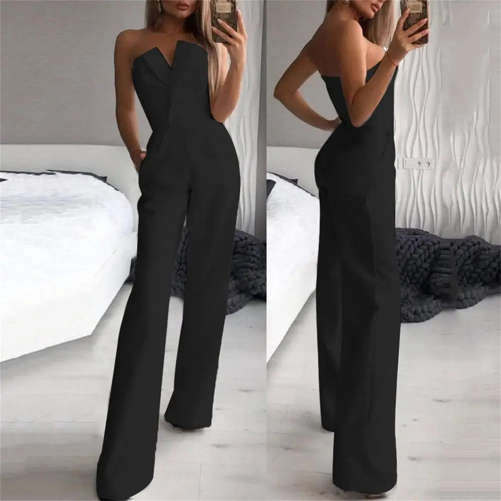 Women's Jumpsuits Rompers Fashion Office Straight Playsuit Overall Solid Color Summer Sleeveless High Waist Romper Ladies Tube Top Elegant Jumpsu
