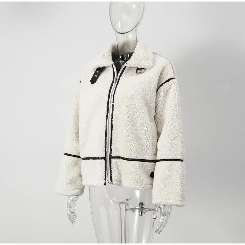 Women's Jackets Fashion Patchwork Furry Jacket For Women Gentle Panelled Thick Warm Lambswool Fleece Coat Zipper Pocket Lady Outwear y231201
