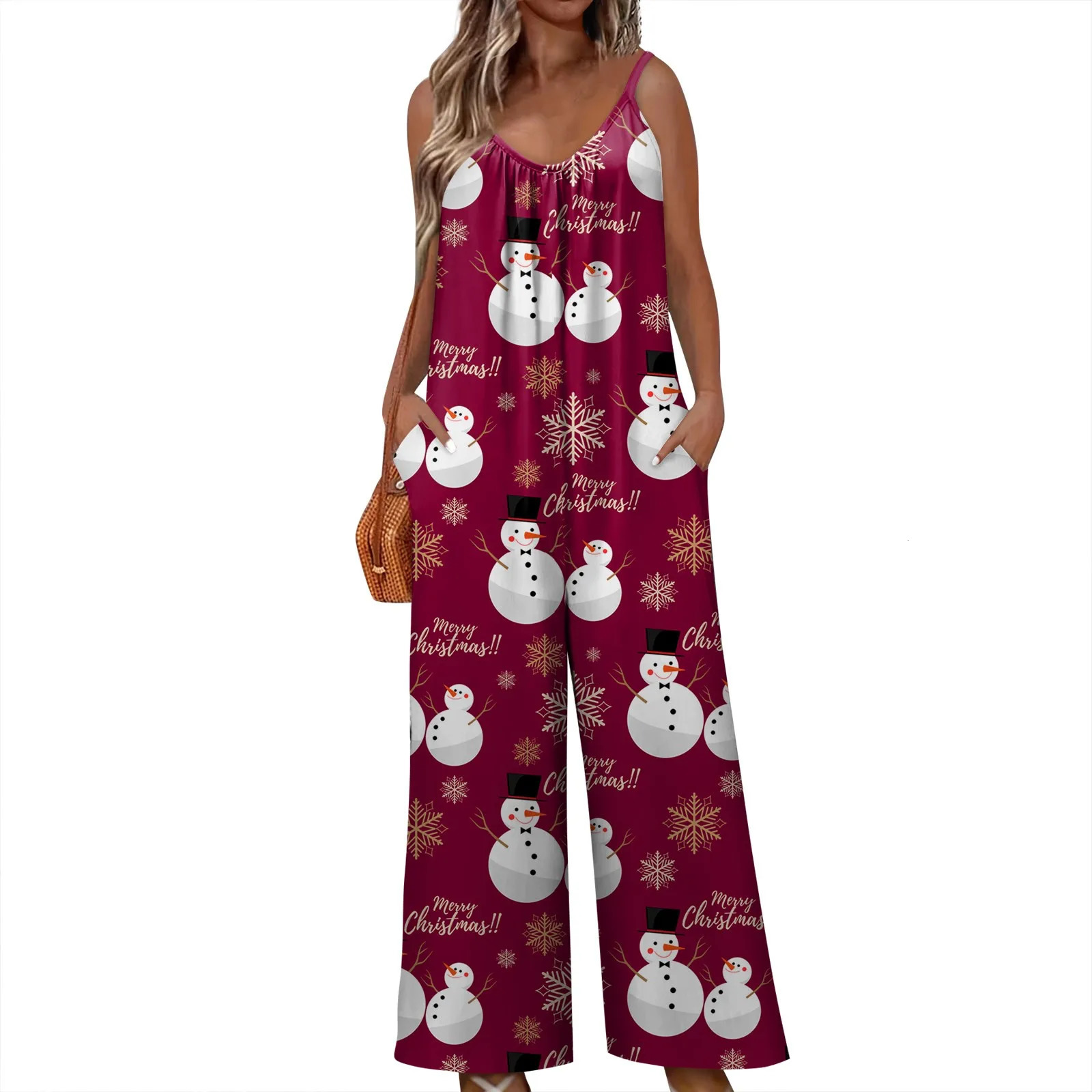 Women's Jumpsuits Rompers S-3xl Sleeveless Jumpsuit For Women Christmas Printed Loose Versatile Sling Rompers Wide Leg Adjustable Suspender Jumps