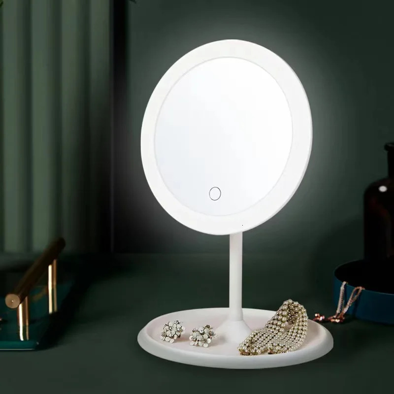 Compact Mirrors LED Makeup Mirror With Light Lamp With Storage Desktop Rotating Cosmetic Mirror Light Adjustable Dimming USB Vanity Mirror 231202