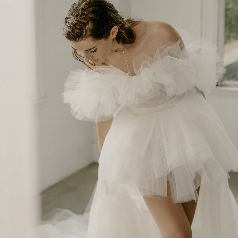 Wedding Dresses 2024 Off Shoulder Pleated Tulle Strapless 2 in 1 Bridal Gown High Low With Detachable Train Vestidos De Novia for Bride