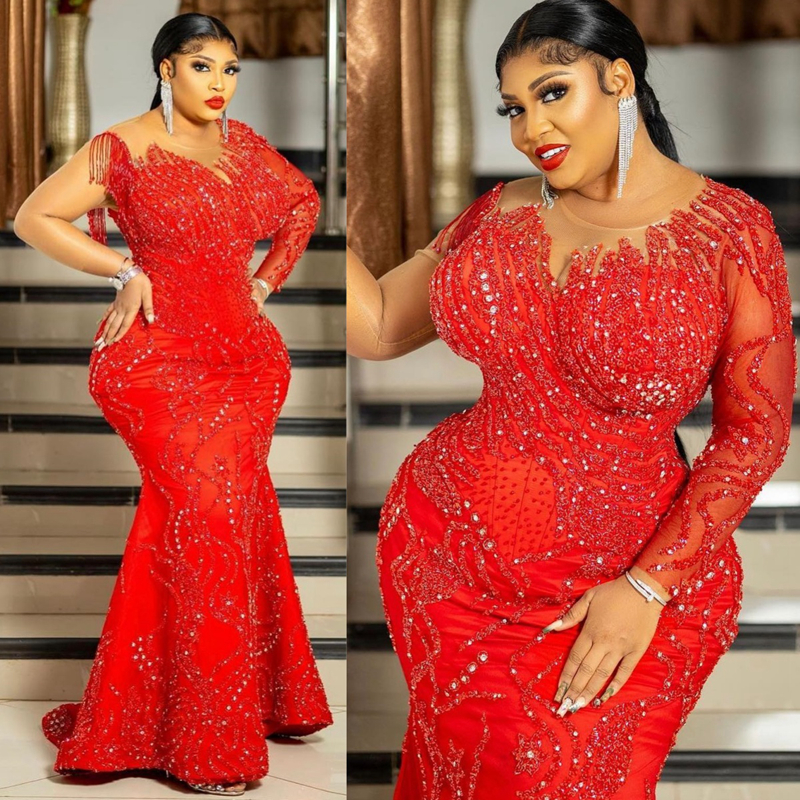 2023 Plus Size Aso Ebi Prom Dresses Mermaid Long Sleeves Jeewel Tulle Birthday Party Dress for Black Girls Second Reception Gala Sparkg Evening Gowns 