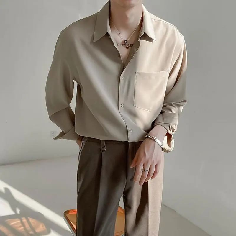 Men's Casual Shirts Solid Color Long Sleeve Shirt POLO Collar Single Breasted Loose Casual Fashion Korean Spring and Autumn Men's Clothing P