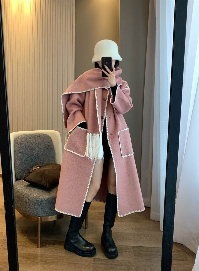 T0te rabbit hair+silk+wool scarf medium length tassel double-sided woolen coat