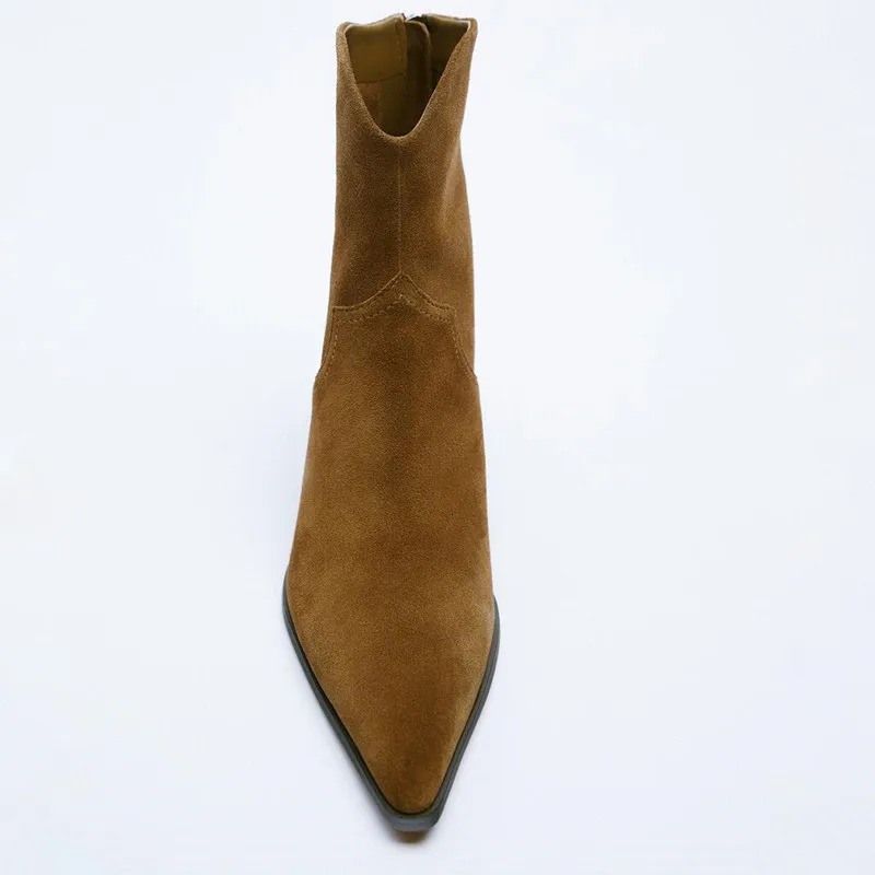 High Heels Heeled Cowboy Ankle Boots TRAF Winter Fashion Pointed Toes Women Chunky Heel Woman Shoes Brown 231201